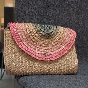 LC Lauren Conrad Straw Clutch with Pink and Green Flap